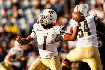 Sep 16, 2023; East Hartford, Connecticut, USA; FIU Golden Panthers quarterback Keyone Jenkins (1) throws a pass against the UConn Huskies at Rentschler Field at Pratt & Whitney Stadium. Mandatory Credit: David Butler II-Imagn Images