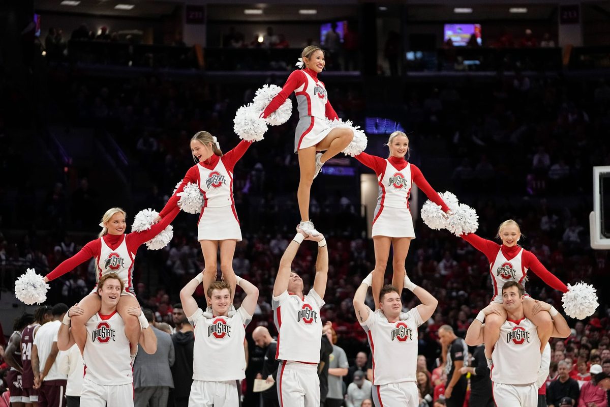Nov 10, 2023; Columbus, Ohio, USA; Ohio State Buckeyes cheerleaders perform during the second half of the NCAA basketball game against the Texas A&M Aggies at Value City Arena. Ohio State lost 73-66.
