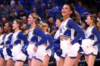 Jan 31, 2024; Memphis, Tennessee, USA; Memphis Tigers cheerleaders preform during a time out during the second half against the Rice Owls at FedExForum. Mandatory Credit: Petre Thomas-Imagn Images
