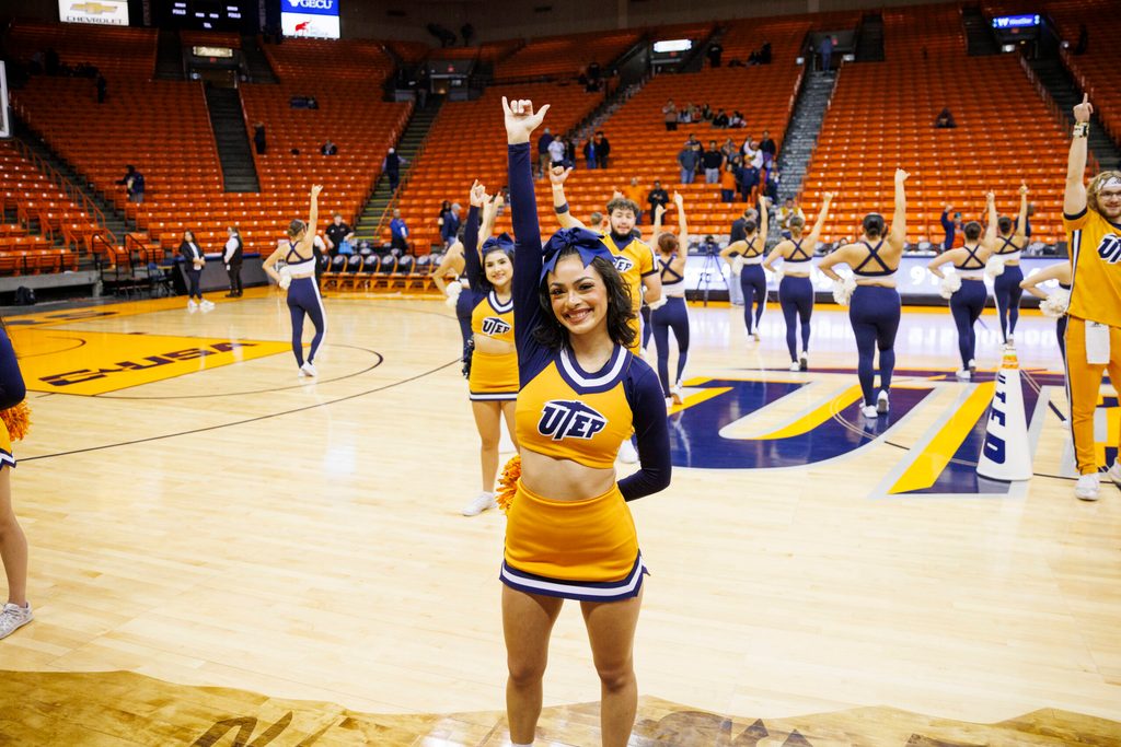 Feb 1, 2024; El Paso, Texas, USA; UTEP Miners cheerleaders are seen on the court after the UTEP Miners defeated the Jacksonville State Gamecocks 79-71 at Don Haskins Center. Mandatory Credit: Ivan Pierre Aguirre-Imagn Images