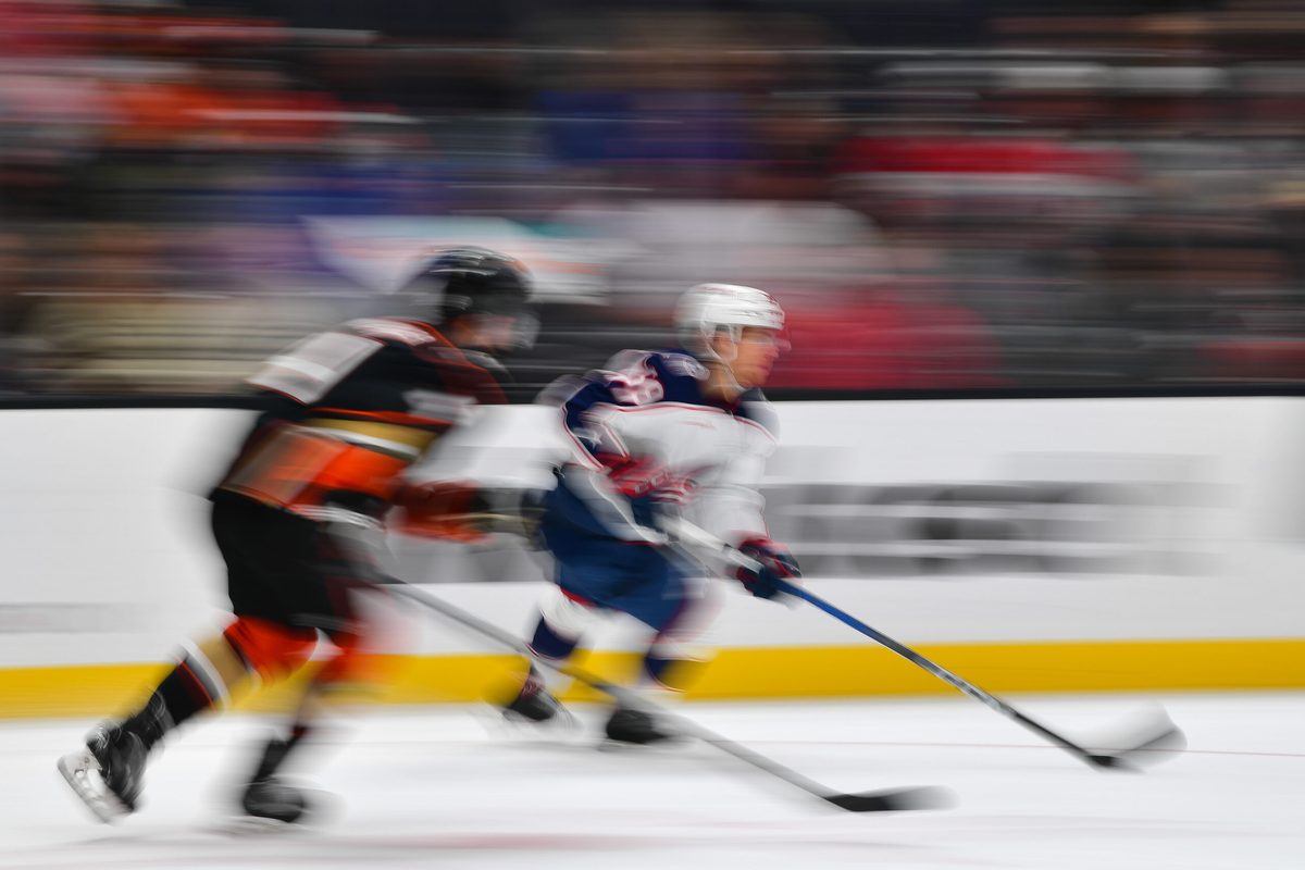 Feb 21, 2024; Anaheim, California, USA; Columbus Blue Jackets right wing Yegor Chinakhov (59) moves the puck against the Anaheim Ducks  mduring the second period at Honda Center. Mandatory Credit: Gary A. Vasquez-Imagn Images
