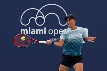 Mar 21, 2024; Miami Gardens, FL, USA; Angelina Kalinina (UKR) hits a forehand against Caroline Wozniacki (DEN) (not pictured) on day four of the Miami Open at Hard Rock Stadium. Mandatory Credit: Geoff Burke-Imagn Images