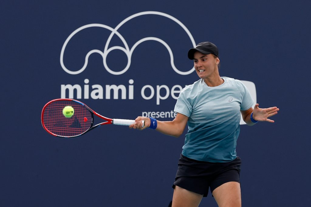 Mar 21, 2024; Miami Gardens, FL, USA; Angelina Kalinina (UKR) hits a forehand against Caroline Wozniacki (DEN) (not pictured) on day four of the Miami Open at Hard Rock Stadium. Mandatory Credit: Geoff Burke-Imagn Images