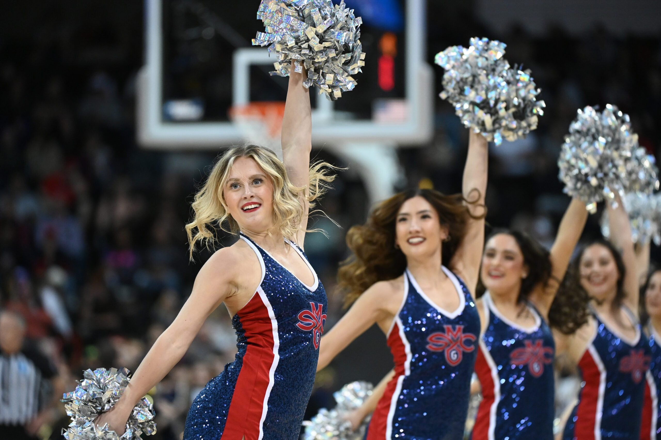 Mar 22, 2024; Spokane, WA, USA; St. Mary's Gaels cheerleaders during the second half in the first round of the 2024 NCAA Tournament against the Grand Canyon Antelopes at Spokane Veterans Memorial Arena. Mandatory Credit: James Snook-Imagn Images