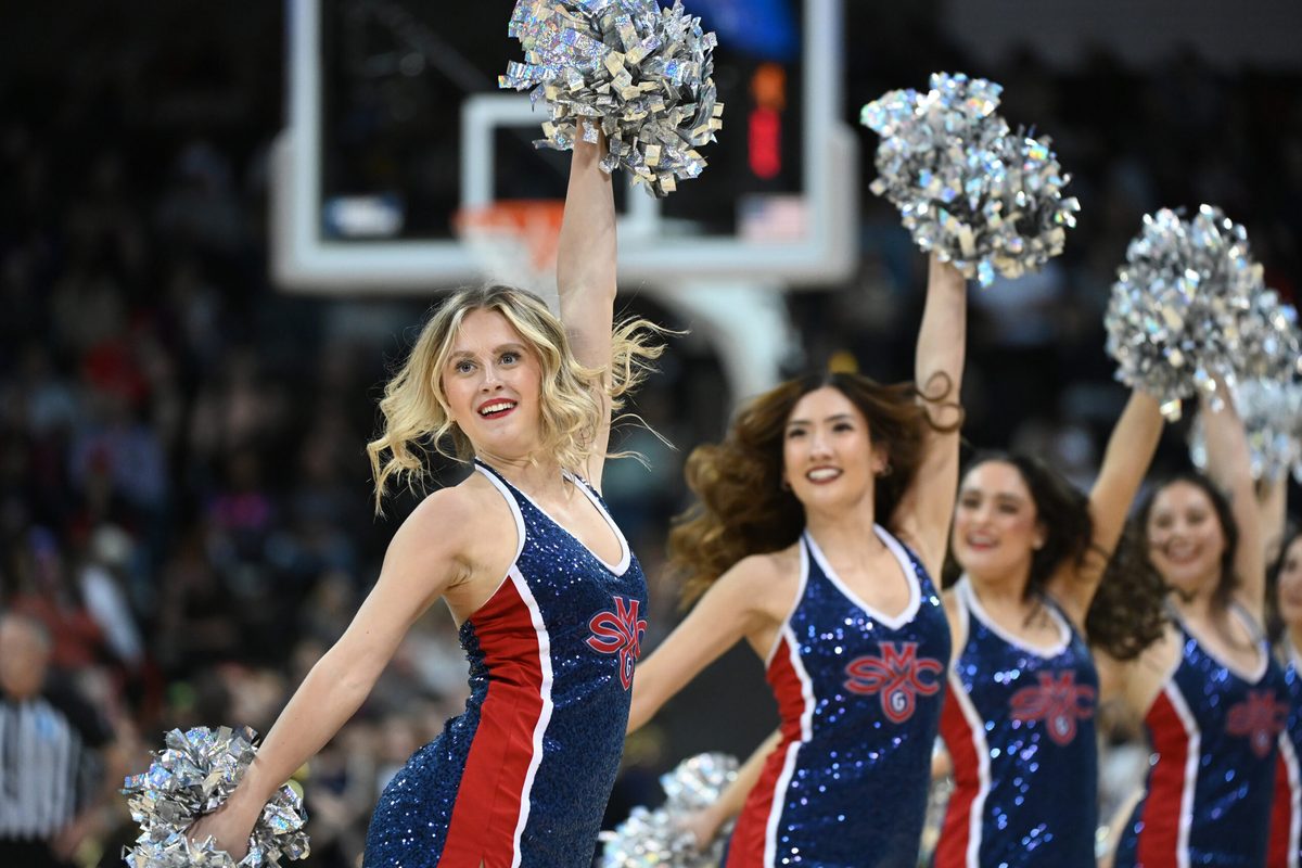 Mar 22, 2024; Spokane, WA, USA; St. Mary's Gaels cheerleaders during the second half in the first round of the 2024 NCAA Tournament against the Grand Canyon Antelopes at Spokane Veterans Memorial Arena. Mandatory Credit: James Snook-Imagn Images