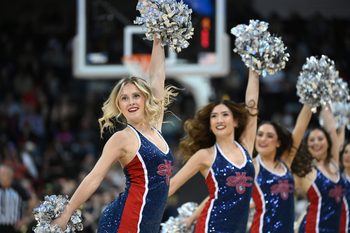 Mar 22, 2024; Spokane, WA, USA; St. Mary's Gaels cheerleaders during the second half in the first round of the 2024 NCAA Tournament against the Grand Canyon Antelopes at Spokane Veterans Memorial Arena. Mandatory Credit: James Snook-Imagn Images