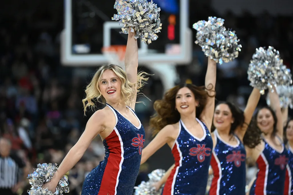 Mar 22, 2024; Spokane, WA, USA; St. Mary's Gaels cheerleaders during the second half in the first round of the 2024 NCAA Tournament against the Grand Canyon Antelopes at Spokane Veterans Memorial Arena. Mandatory Credit: James Snook-Imagn Images