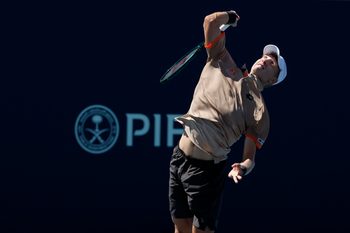 Mar 24, 2024; Miami Gardens, FL, USA; Martin Landaluce (ITA) serves against Ben Shelton (USA) (not pictured) on day seven of the Miami Open at Hard Rock Stadium. Mandatory Credit: Geoff Burke-Imagn Images