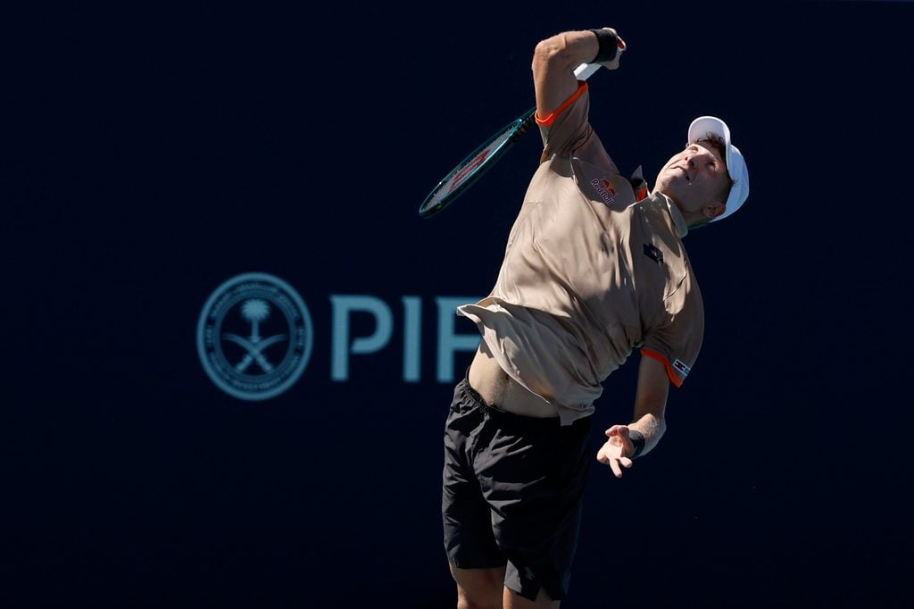 Mar 24, 2024; Miami Gardens, FL, USA; Martin Landaluce (ITA) serves against Ben Shelton (USA) (not pictured) on day seven of the Miami Open at Hard Rock Stadium. Mandatory Credit: Geoff Burke-Imagn Images
