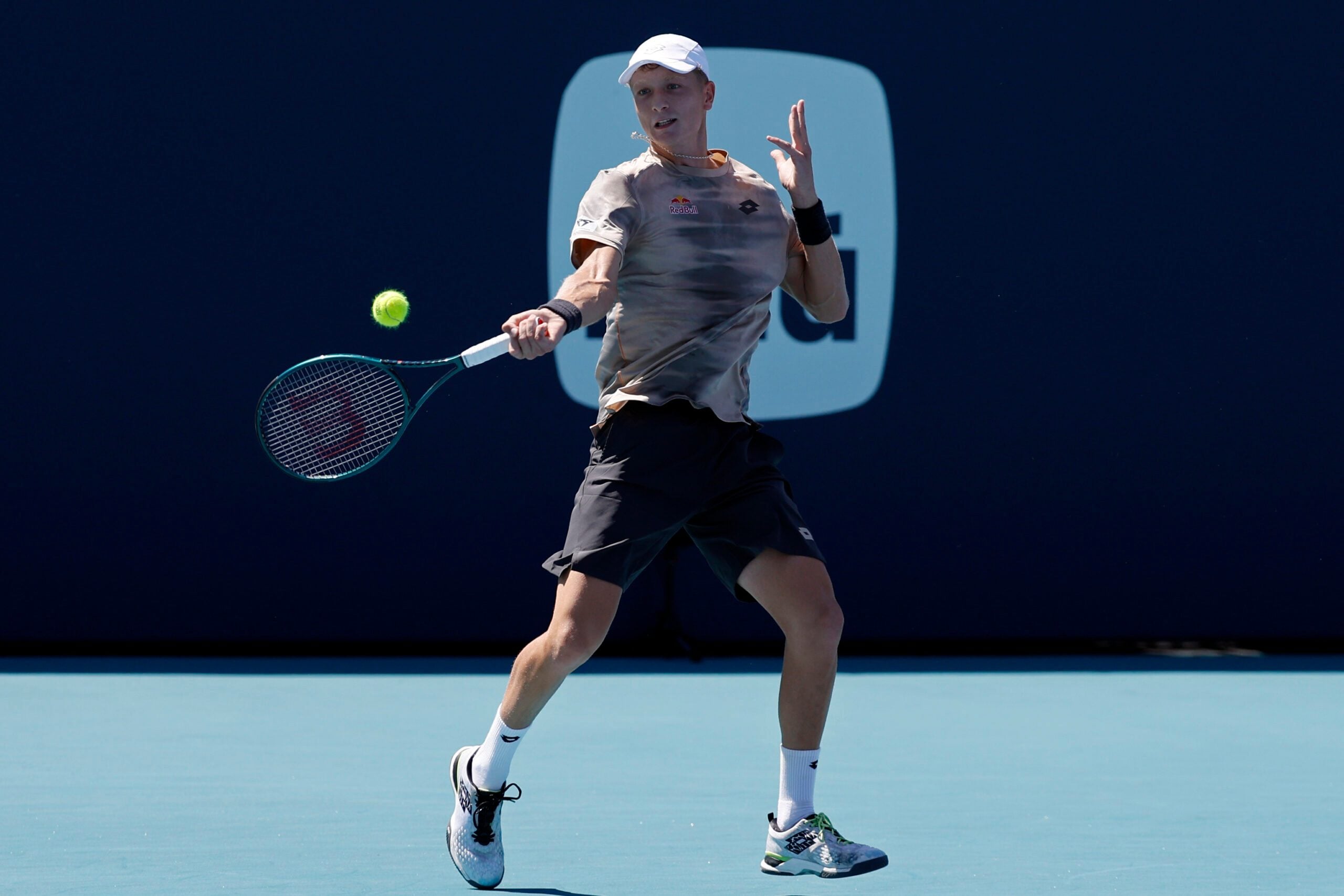 Mar 24, 2024; Miami Gardens, FL, USA; Martin Landaluce (ITA) hits a forehand against Ben Shelton (USA) (not pictured) on day seven of the Miami Open at Hard Rock Stadium. Mandatory Credit: Geoff Burke-Imagn Images