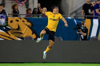 Wolverhampton Wanderers forward Rodrigo Gomes (19) reacts to scoring the goal to take the lead 2-1against West Ham United goalkeeper Wes Foderingham (21), not shown, during the second half of The Stateside Cup soccer tournament game Saturday, July 27, 2024 at EverBank Stadium in Jacksonville, Fla. The Wolverhampton Wanderers defeated West Ham United 3-1 in exhibition play.