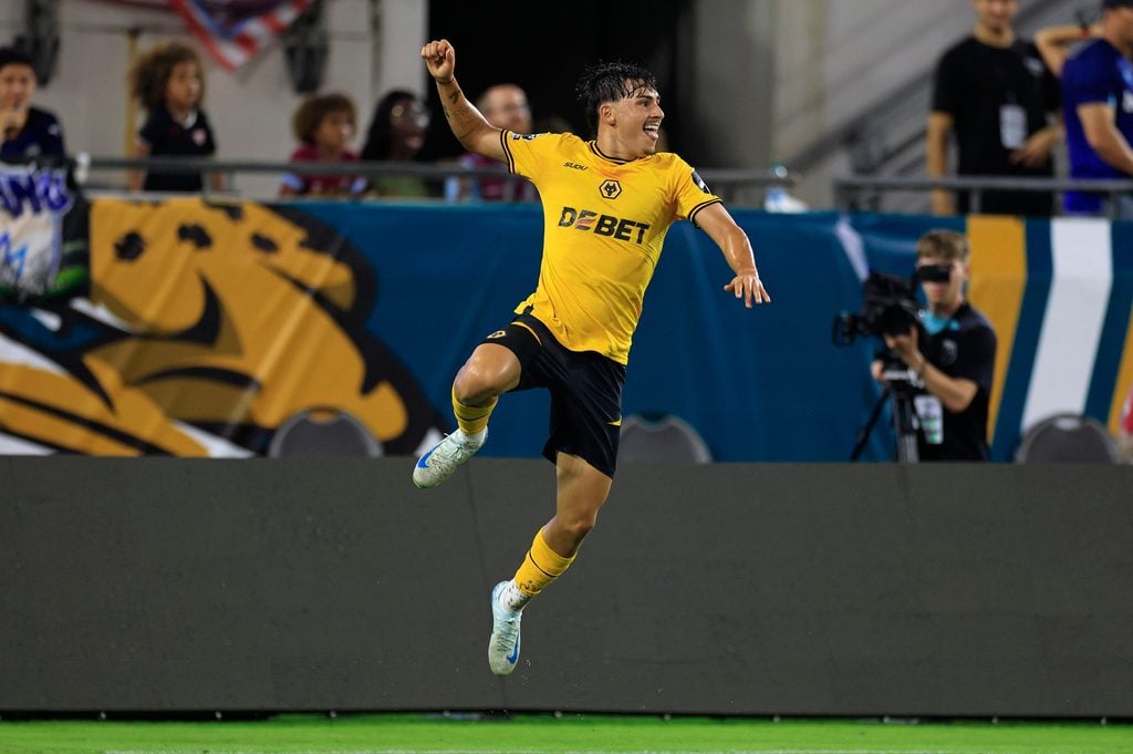 Wolverhampton Wanderers forward Rodrigo Gomes (19) reacts to scoring the goal to take the lead 2-1against West Ham United goalkeeper Wes Foderingham (21), not shown, during the second half of The Stateside Cup soccer tournament game Saturday, July 27, 2024 at EverBank Stadium in Jacksonville, Fla. The Wolverhampton Wanderers defeated West Ham United 3-1 in exhibition play.