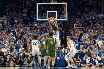 Kentucky's Otega Oweh (00) slammed down two points during the Wildcats' season-opening game against Wright State at Rupp Arena in Lexington, Ky. The Wildcats defeated the Raiders 103-62. November 4, 2024.