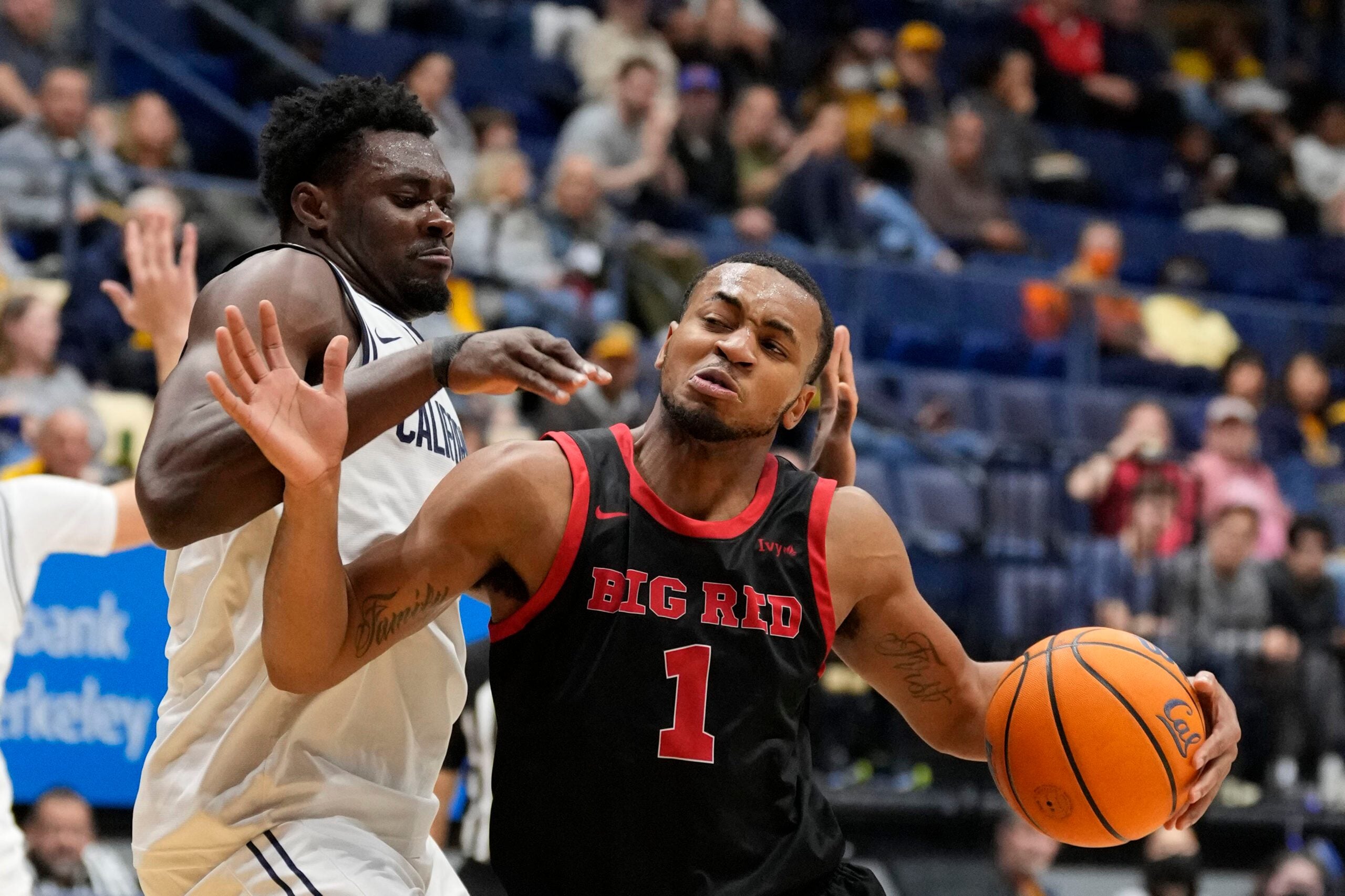 December 10, 2024; Berkeley, California, USA; Cornell Big Red guard Nazir Williams (1) dribbles the basketball against California Golden Bears center Mady Sissoko (12) during the second half at Haas Pavilion. Mandatory Credit: Kyle Terada-Imagn Images