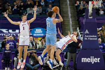 during the first round of the Ohio Valley Conference Men's Basketball Championship tournament at Ford Center in Evansville, Ind., Wednesday, March 6, 2024. Tennessee State Tigers play the University of Southern Indiana Screaming Eagles during the first round of the Ohio Valley Conference Men's Basketball Championship tournament at Ford Center in Evansville, Ind., Wednesday, March 6, 2024.
