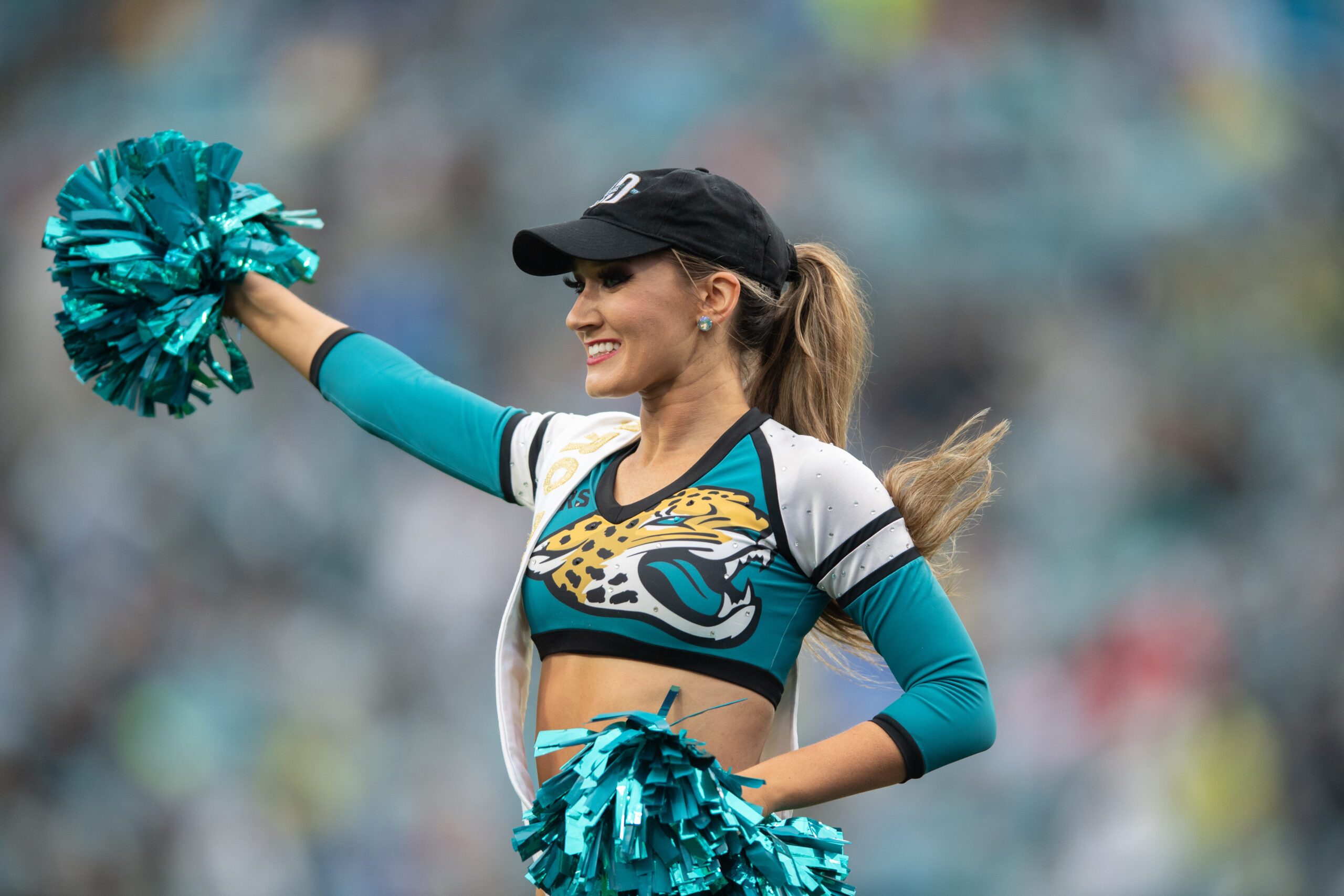 Dec 29, 2024; Jacksonville, Florida, USA; Jacksonville Jaguars cheerleader in the fourth quarter against the Tennessee Titans at EverBank Stadium. Mandatory Credit: Jeremy Reper-Imagn Images