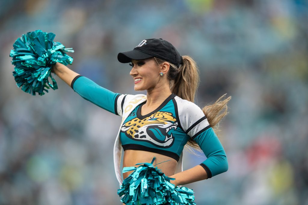 Dec 29, 2024; Jacksonville, Florida, USA; Jacksonville Jaguars cheerleader in the fourth quarter against the Tennessee Titans at EverBank Stadium. Mandatory Credit: Jeremy Reper-Imagn Images