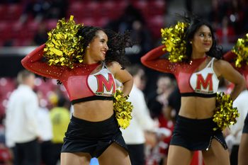 Jan 19, 2025; College Park, Maryland, USA; Maryland Terrapins cheerleaders perform during the first half at the game between the Maryland Terrapins and the Nebraska Cornhuskers at Xfinity Center. Mandatory Credit: Reggie Hildred-Imagn Images