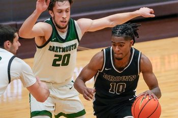 Brown falls to Dartmouth 84-83 at Pizzitola Sports Center. Kino Lilly Jr. gets past Dartmouth's Romeo Myrthil, 20.