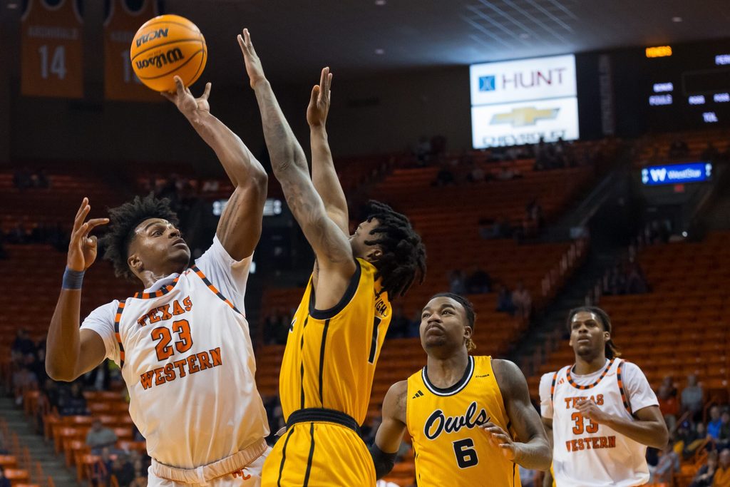 UTEP's Otis Frazier III (23) shoots the ball during a men's basketball game against Kennesaw State on Saturday, Jan. 25, 2025, at the Don Haskins Center in El Paso, Texas.