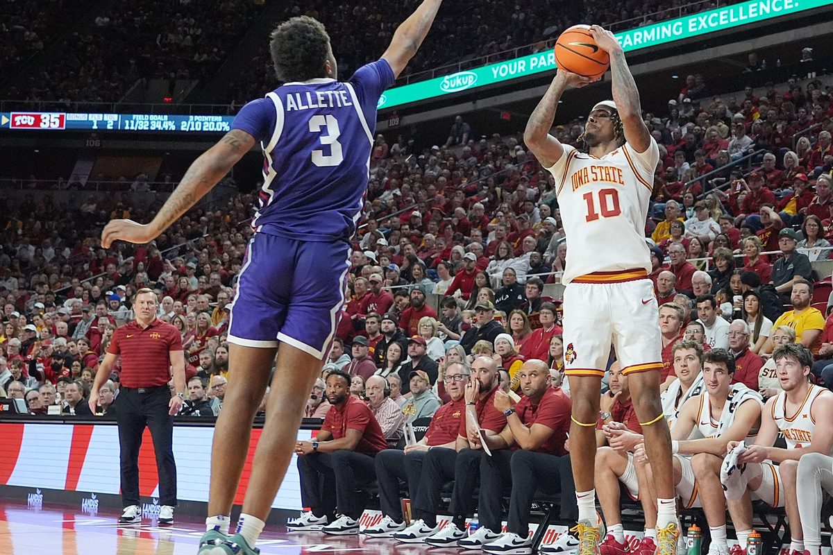 Iowa State Cyclones guard Keshon Gilbert (10) takes a three-point shot over TCU Horned Frogs Guard Vasean Allette (3) during the second half in the Big-12 men’s basketball at Hilton Coliseum on Feb 8, 2025 in Ames, Iowa.