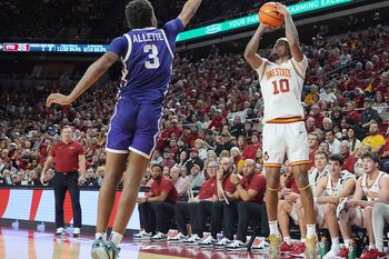 Iowa State Cyclones guard Keshon Gilbert (10) takes a three-point shot over TCU Horned Frogs Guard Vasean Allette (3) during the second half in the Big-12 men’s basketball at Hilton Coliseum on Feb 8, 2025 in Ames, Iowa.