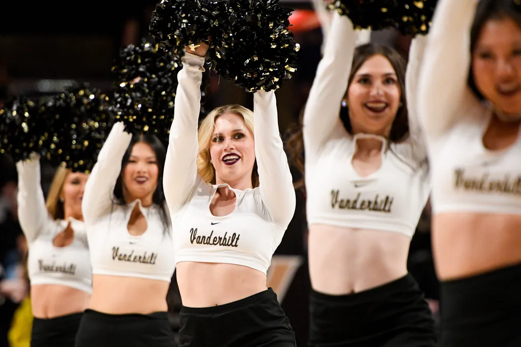 Feb 22, 2025; Nashville, Tennessee, USA; Vanderbilt Commodores cheerleaders against the Mississippi Rebels during the second half at Memorial Gymnasium. Mandatory Credit: Steve Roberts-Imagn Images
