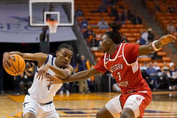 UTEP’s Corey Camper Jr. (4) dribbles the ball during a men's basketball game against Western Kentucky on Thursday, Feb. 27, 2025, at the Don Haskins Center in El Paso, Texas.