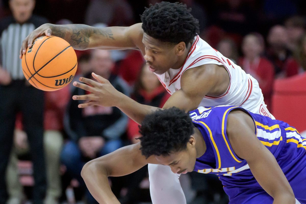 Bradley's Jaquan Johnson, top, steals the ball from Northern Iowa's Leon Bond III in the first half of their Missouri Valley Conference basketball game Sunday, March 2, 2025 at Carver Arena in Peoria. The Braves won the season finale 73-56.