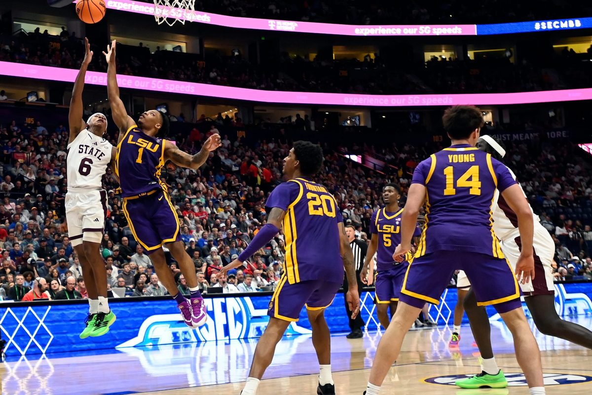 Mississippi State guard Dellquan Warren (6) shoots again LSU guard Jordan Sears (1) during a NCAA college basketball first round game at the men’s Southeastern Conference Tournament Wednesday, March 12, 2025, in Nashville, Tenn.