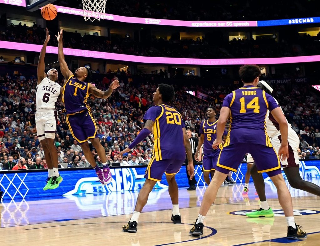 Mississippi State guard Dellquan Warren (6) shoots again LSU guard Jordan Sears (1) during a NCAA college basketball first round game at the men’s Southeastern Conference Tournament Wednesday, March 12, 2025, in Nashville, Tenn.
