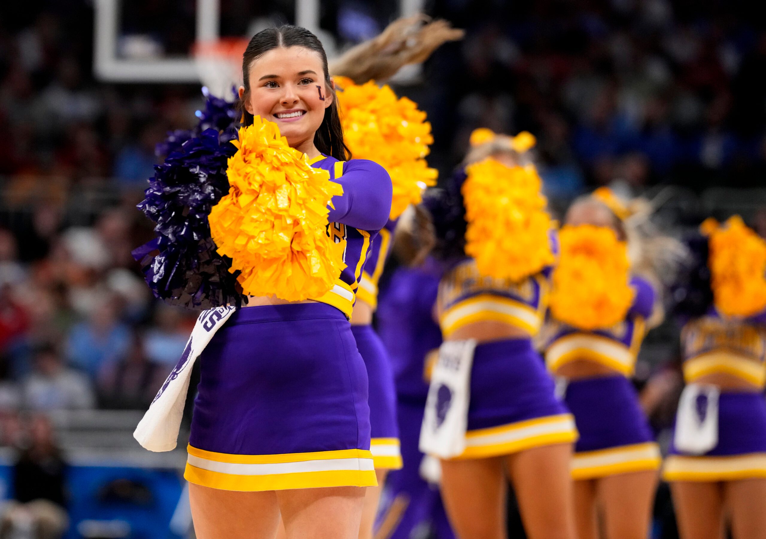 Mar 21, 2025; Milwaukee, WI, USA; Cheerleaders for the Lipscomb Bisons during the first half of a first round NCAA men’s tournament game against the Iowa State Cyclones at Fiserv Forum. Mandatory Credit: Jeff Hanisch-Imagn Images