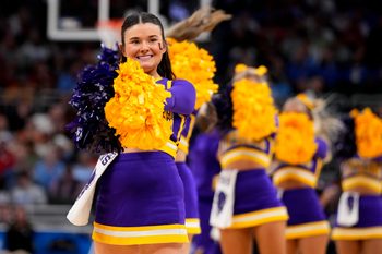 Mar 21, 2025; Milwaukee, WI, USA; Cheerleaders for the Lipscomb Bisons during the first half of a first round NCAA men’s tournament game against the Iowa State Cyclones at Fiserv Forum. Mandatory Credit: Jeff Hanisch-Imagn Images