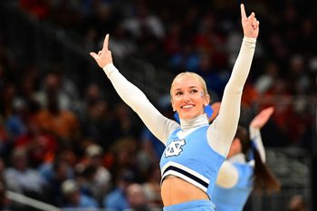 Mar 21, 2025; Milwaukee, WI, USA; Cheerleaders for the North Carolina Tar Heels during the first half of a first round NCAA men’s tournament game against the Mississippi Rebels at Fiserv Forum. Mandatory Credit: Benny Sieu-Imagn Images