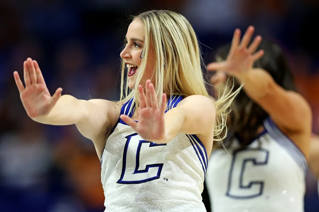 Mar 22, 2025; Lexington, KY, USA; Creighton Bluejays cheerleader during the first half of the game between the Auburn Tigers and the Creighton Bluejays in the second round to the NCAA Tournament at Rupp Arena. Mandatory Credit: Jordan Prather-Imagn Images