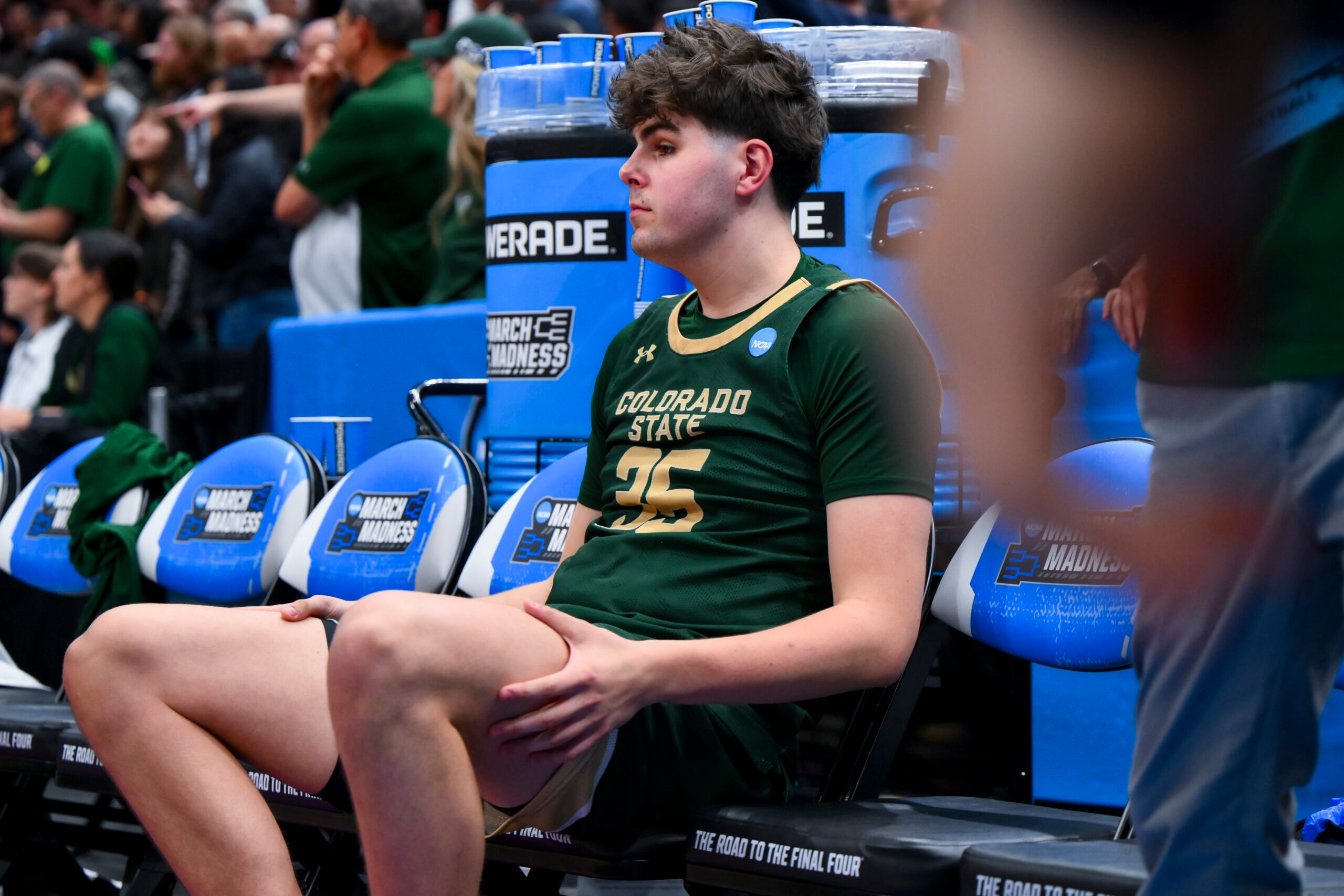 Mar 23, 2025; Seattle, WA, USA; Colorado State Rams forward Kyle Jorgensen (35) reacts after being defeated by the Maryland Terrapins at Climate Pledge Arena. Mandatory Credit: Steven Bisig-Imagn Images