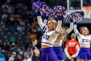 Mar 29, 2025; Birmingham, AL, USA; The TCU Horned Frogs cheerleaders perform during the first half of a Sweet 16 NCAA Tournament basketball game against the Notre Dame Fighting Irish at Legacy Arena. Mandatory Credit: Vasha Hunt-Imagn Images