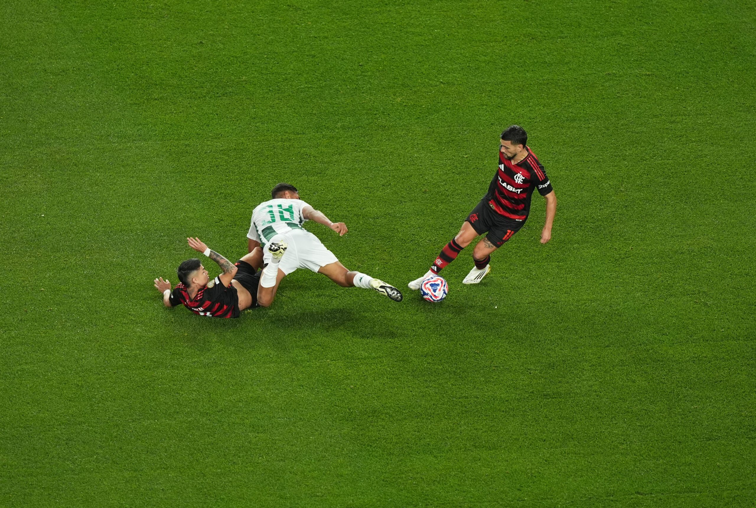 Jun 16, 2025; Philadelphia, Pennsylvania, USA; Esperance Sportive De Tunisie midfielder Khalil Guenichi (38), CR Flamengo forward Luiz Araujo (7) and forward Everton (11) battle for control of the ball during the first half in a group stage match of the 2025 FIFA Club World Cup at Lincoln Financial Field. Mandatory Credit: Kyle Ross-Imagn Images