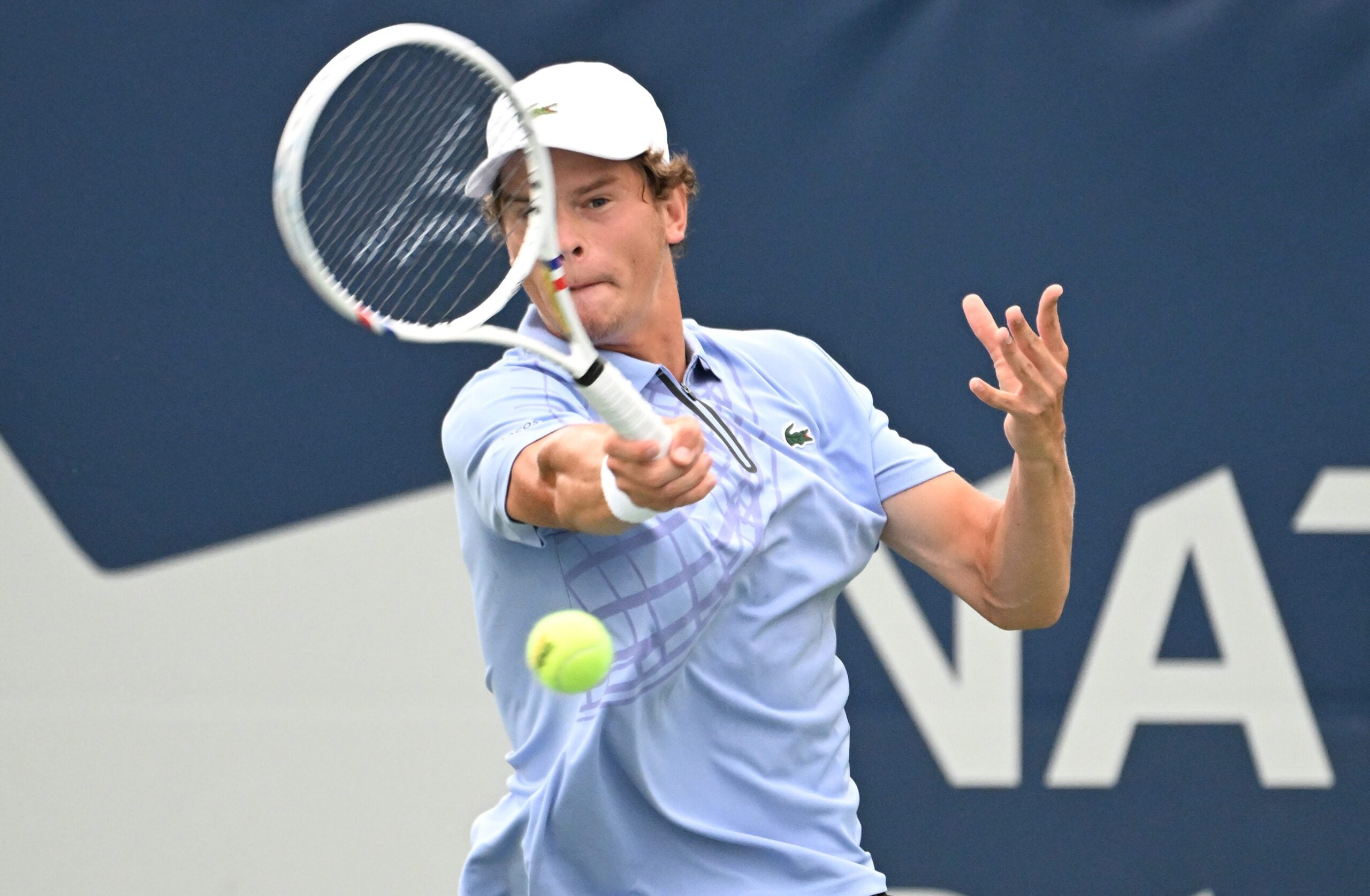 Jul 26, 2025; Toronto, ON, Canada;  Alexander Blockx (BEL) plays a shot against Duje Ajdukovic (CRO) during qualifying play at Sobeys Stadium. Mandatory Credit: Dan Hamilton-Imagn Images
