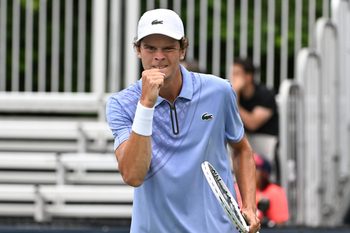 Jul 26, 2025; Toronto, ON, Canada;  Alexander Blockx (BEL) reacts ater winning a point against Duje Ajdukovic (CRO) during qualifying play at Sobeys Stadium. Mandatory Credit: Dan Hamilton-Imagn Images