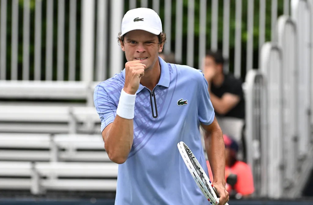 Jul 26, 2025; Toronto, ON, Canada; Alexander Blockx (BEL) reacts ater winning a point against Duje Ajdukovic (CRO) during qualifying play at Sobeys Stadium. Mandatory Credit: Dan Hamilton-Imagn Images
