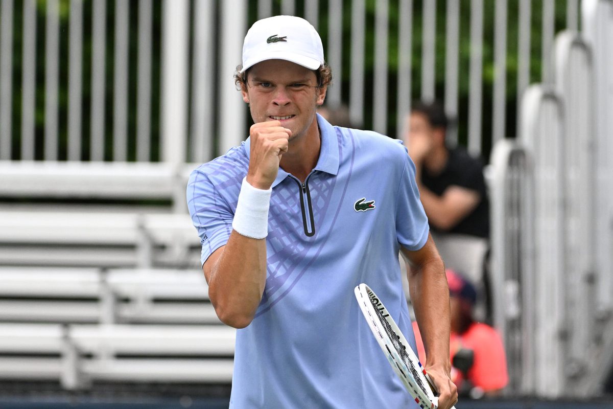 Jul 26, 2025; Toronto, ON, Canada; Alexander Blockx (BEL) reacts ater winning a point against Duje Ajdukovic (CRO) during qualifying play at Sobeys Stadium. Mandatory Credit: Dan Hamilton-Imagn Images
