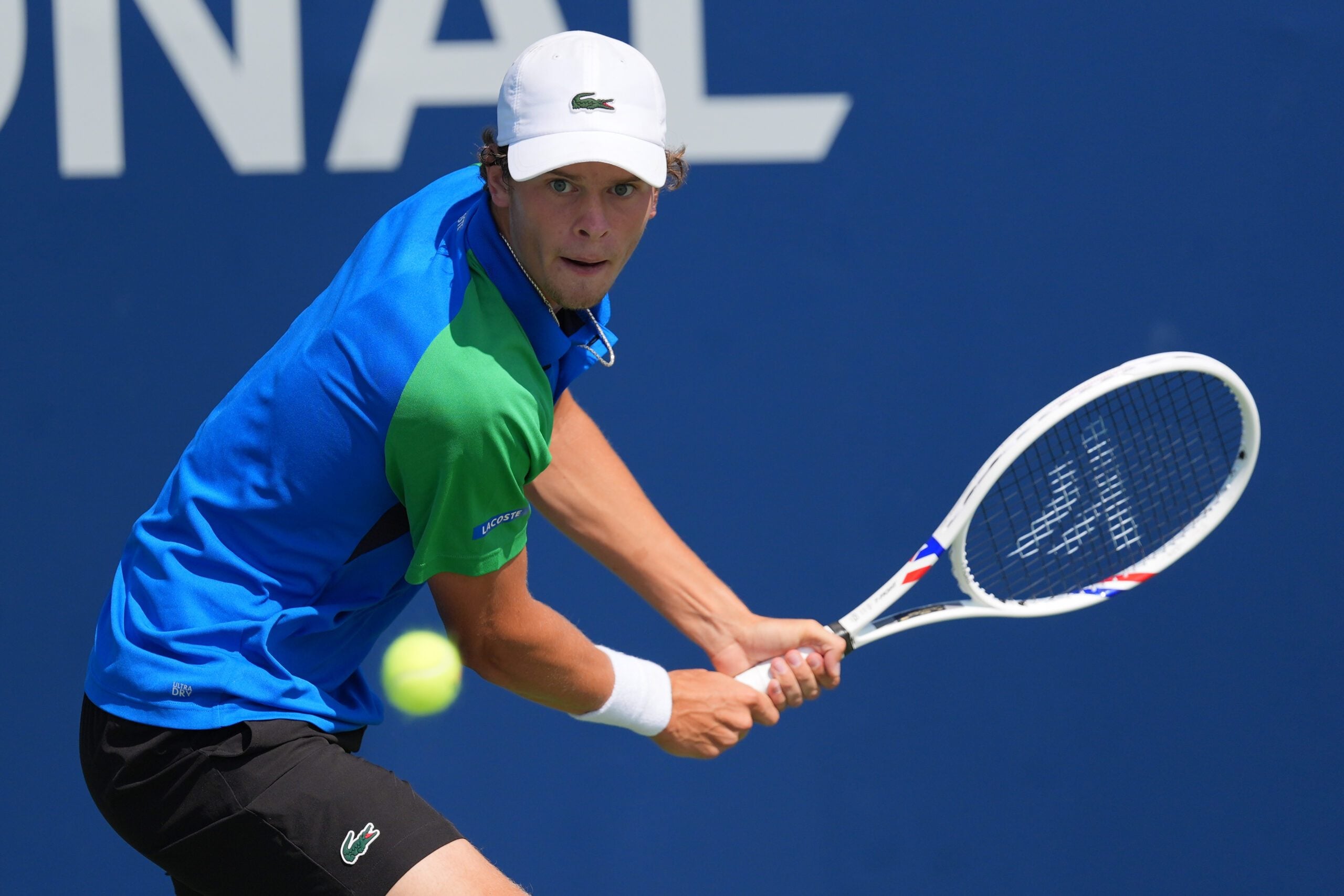 Jul 27, 2025; Toronto, ON, Canada; Alexander Blockx (BEL) tracks a ball hit by Duje Ajdukovic (not pictured) in qualifying play at Sobeys Stadium. Mandatory Credit: John E. Sokolowski-Imagn Images