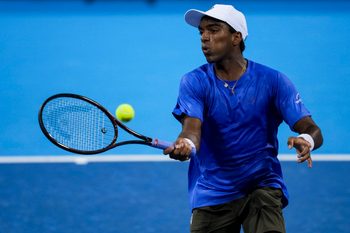 Aug 10, 2025; Cincinnati, OH, USA;  Nishesh Basavareddy (USA) returns a shot against Alexander Zverev (GER) during the Cincinnati Open at the Lindner Family Tennis Center. Mandatory Credit: Aaron Doster-Imagn Images