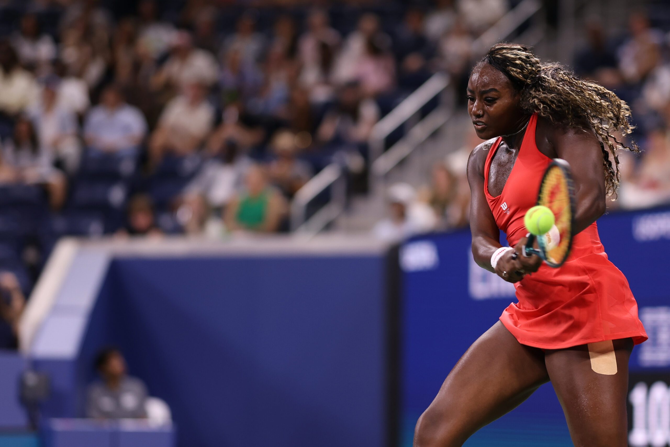 Aug 25, 2025; Flushing, NY, USA; Alycia Parks (USA) hits a backhand against Mirra Andreeva (not pictured) on day two of the 2025 US Open tennis tournament at USTA Billie Jean King National Tennis Center. Mandatory Credit: Geoff Burke-Imagn Images