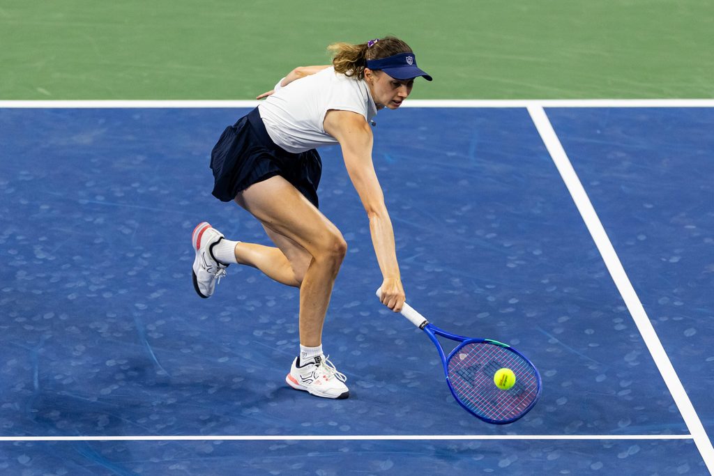 Aug 31, 2025; Flushing, NY, USA; Cristina Bucsa of Spain in action against Aryna Sabalenka of Belarus in the fourth round of the women’s singles at the US Open at Louis Armstrong Stadium in Billie Jean King National Tennis Center. Mandatory Credit: Mike Frey-Imagn Images