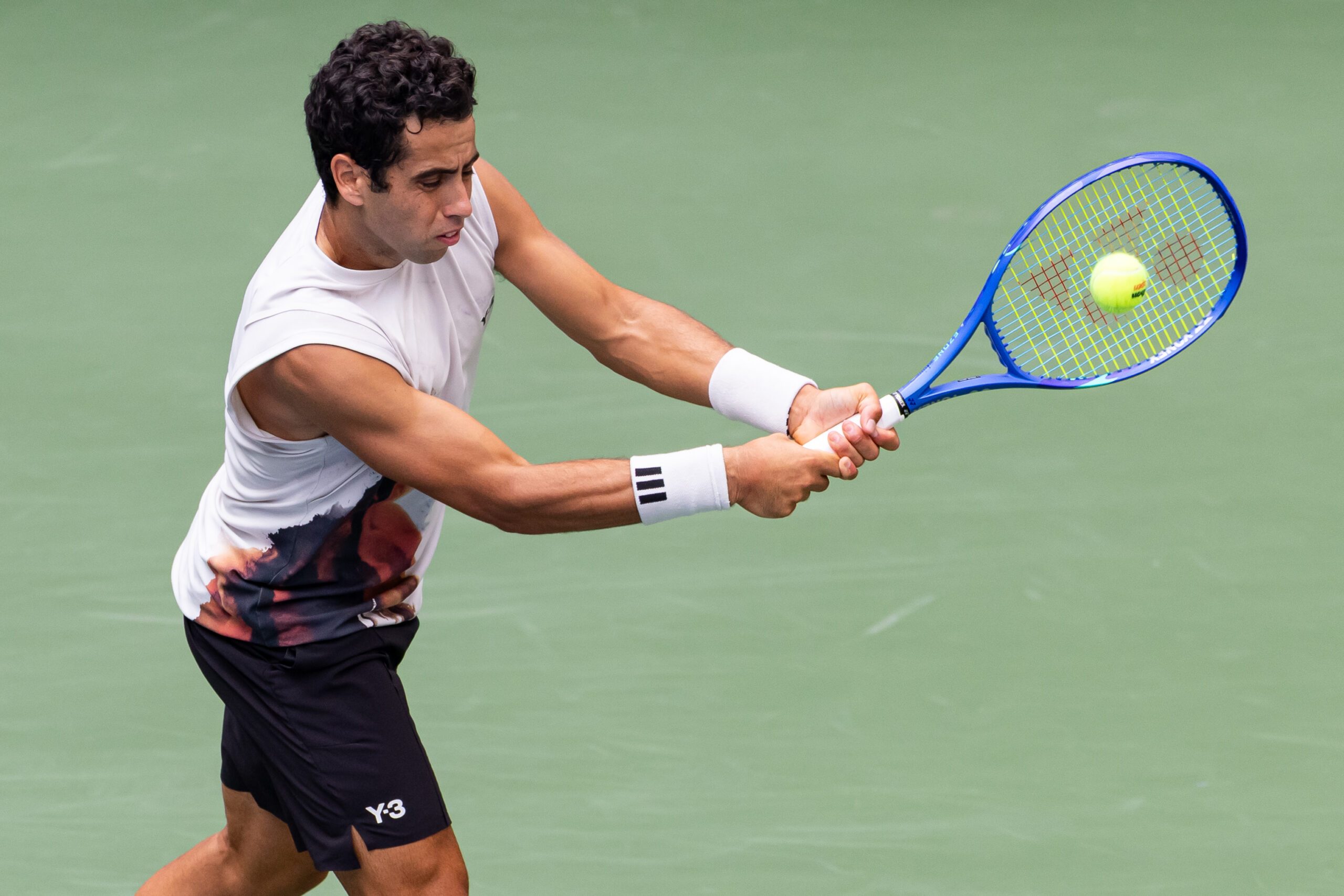 Sep 1, 2025; Flushing, NY, USA; Jaume Munar of Spain in action against Lorenzo Musetti of Italy in the fourth round of the men’s singles at the US Open at Louis Armstrong Stadium in Billie Jean King National Tennis Center. Mandatory Credit: Mike Frey-Imagn Images