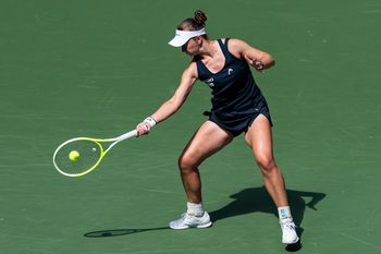 Sep 2, 2025; Flushing, NY, USA; Barbora Krejcikova of Czech Republic in action against Jessica Pegula of the United States in the quarterfinal of the womenís singles at the US Open at Arthur Ashe Stadium in Billie Jean King National Tennis Center. Mandatory Credit: Mike Frey-Imagn Images