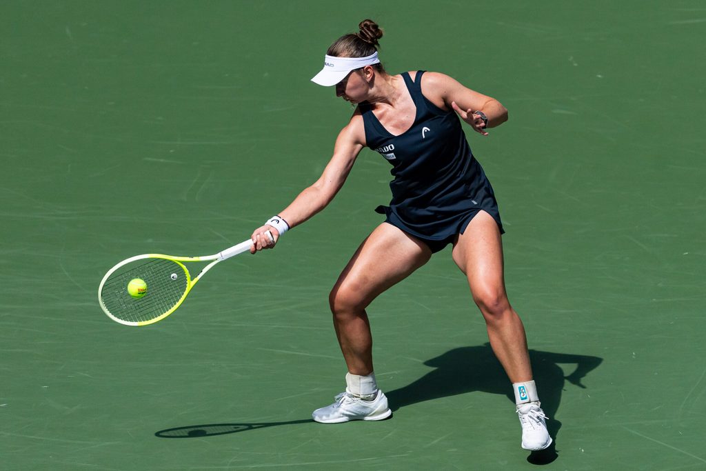 Sep 2, 2025; Flushing, NY, USA; Barbora Krejcikova of Czech Republic in action against Jessica Pegula of the United States in the quarterfinal of the womenís singles at the US Open at Arthur Ashe Stadium in Billie Jean King National Tennis Center. Mandatory Credit: Mike Frey-Imagn Images