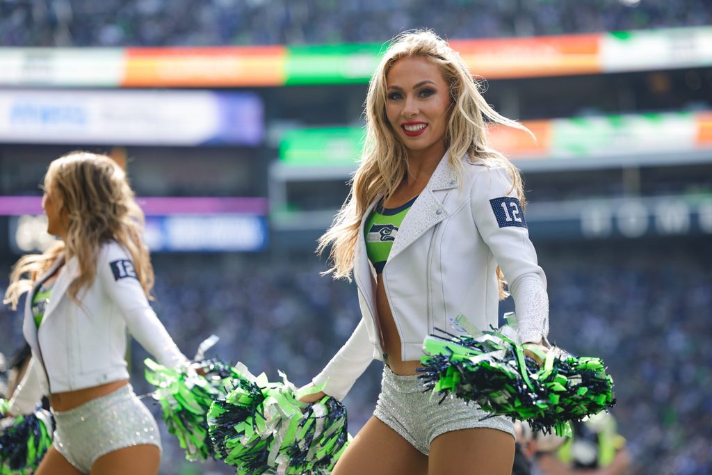 Sep 21, 2025; Seattle, Washington, USA; Seattle Seahawks cheerleaders perform during the first half against the New Orleans Saints at Lumen Field. Mandatory Credit: Joe Nicholson-Imagn Images